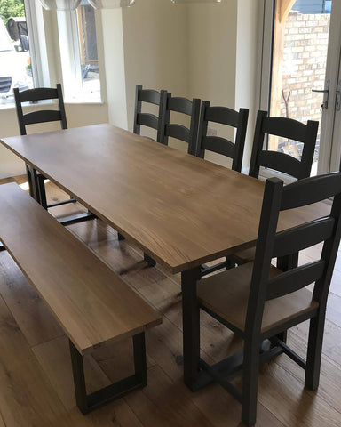 Industrial Dining Set with Tall Ladder Back Dining Chairs and Bench