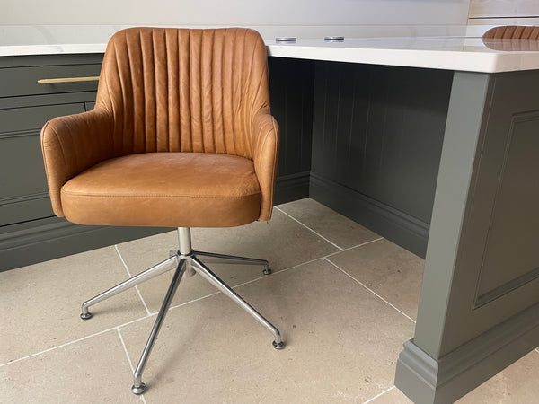 Fluted Leather Swivel Chair Tan
