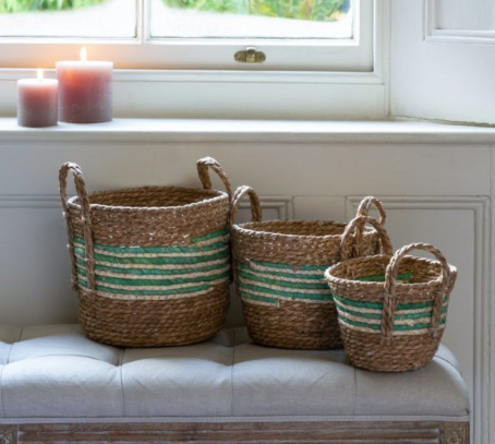 Straw and Corn Basket Green Stripe with Handles (Set of 3)